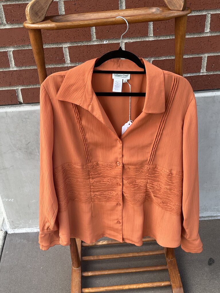 (XL) LS Button Up V-Neck Blouse w/Lace Details
