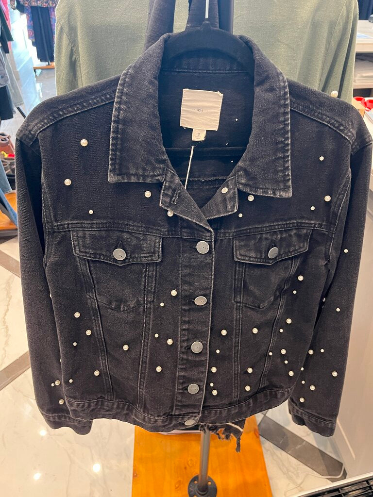 (S) Denim Jacket w/Faux Pearl Details
