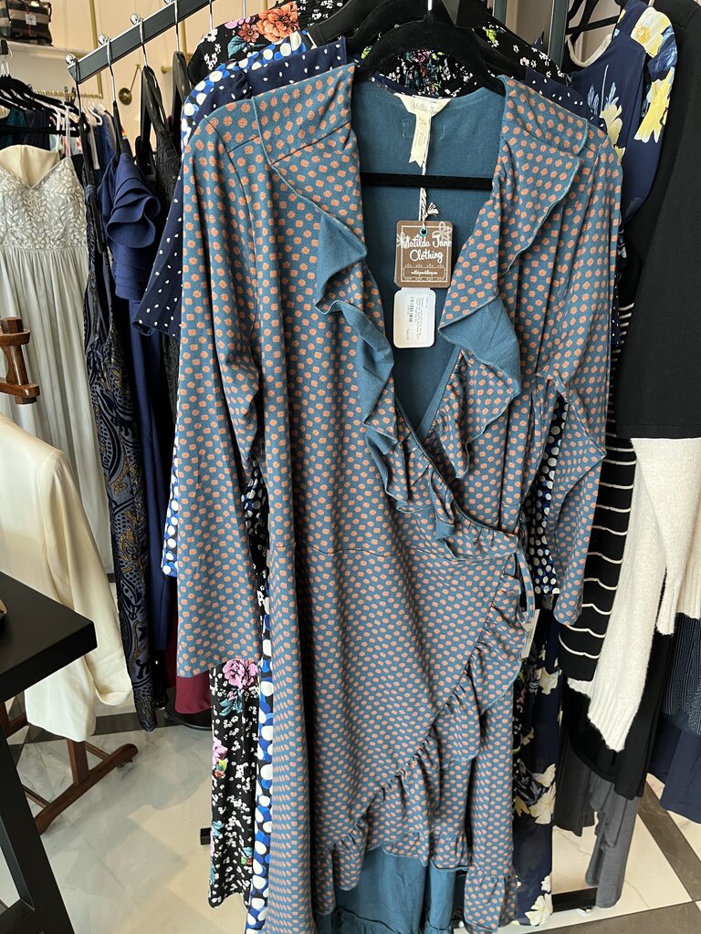 (XL) LS Print Wrap Dress W/ Ruffle Neckline, NWT