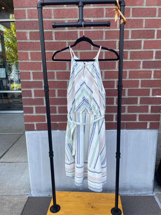 (M) NWT Keyhole Neckline Striped Linen Blend Halter Dress