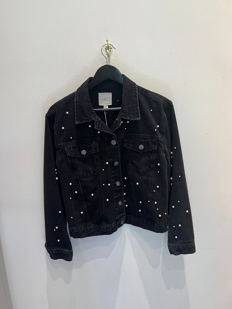 (S) Denim Jacket w/Faux Pearl Details