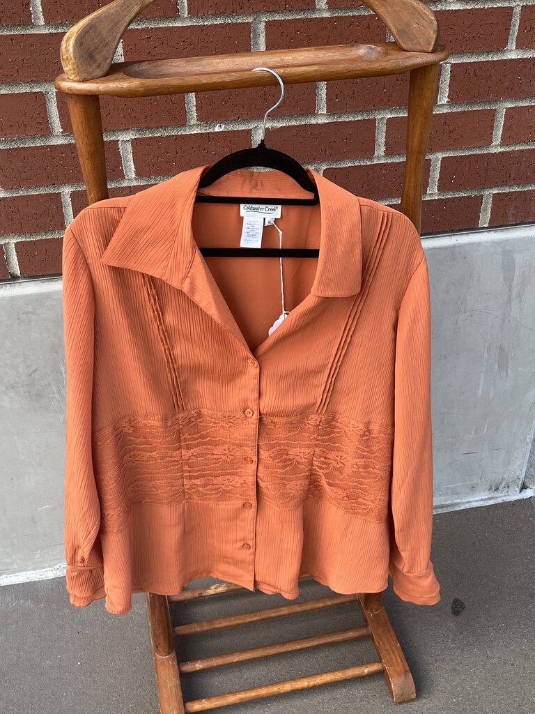 (XL) LS Button Up V-Neck Blouse w/Lace Details