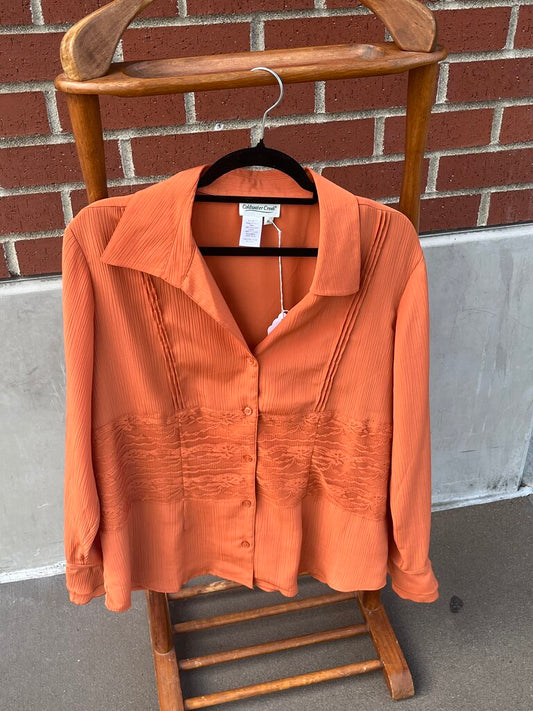 (XL) LS Button Up V-Neck Blouse w/Lace Details