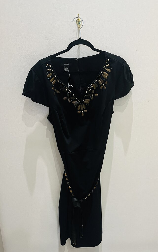 (18) Cap Sleeve Embellished Neckline Belted Dress