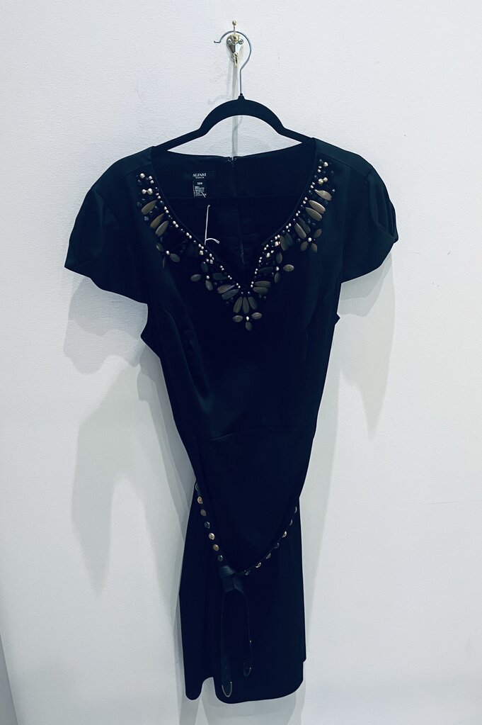 (18) Cap Sleeve Embellished Neckline Belted Dress