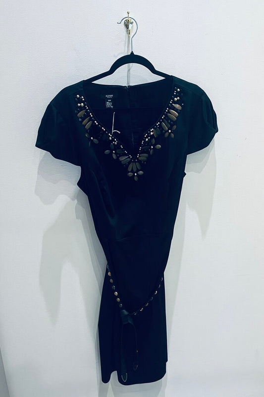 (18) Cap Sleeve Embellished Neckline Belted Dress